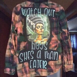 upcycled bleached flannel shirt w/ custom BRIDE OF FRANKENSTIEN back patch